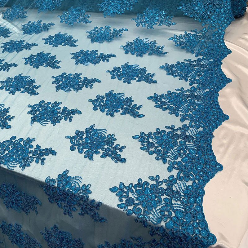 Embroidered Mesh lace Floral Design Fabric With Sequins By The YardICEFABRICICE FABRICSTurquoiseEmbroidered Mesh lace Floral Design Fabric With Sequins By The Yard ICEFABRIC Turquoise