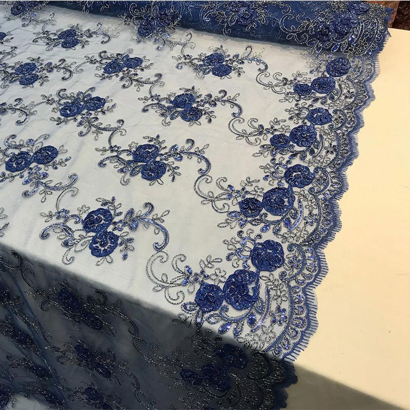 Embroidered Mesh Lace Flower Design With Sequins FabricICEFABRICICE FABRICSRoyal BlueEmbroidered Mesh Lace Flower Design With Sequins Fabric ICEFABRIC Royal Blue