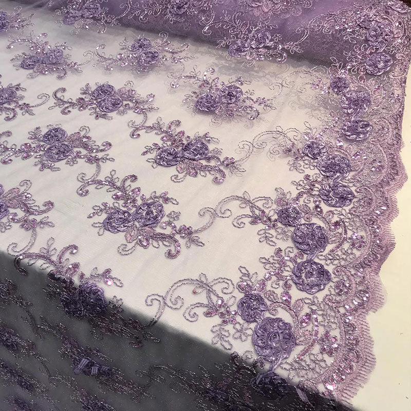 Embroidered Mesh Lace Flower Design With Sequins FabricICEFABRICICE FABRICSLavenderEmbroidered Mesh Lace Flower Design With Sequins Fabric ICEFABRIC Lavender