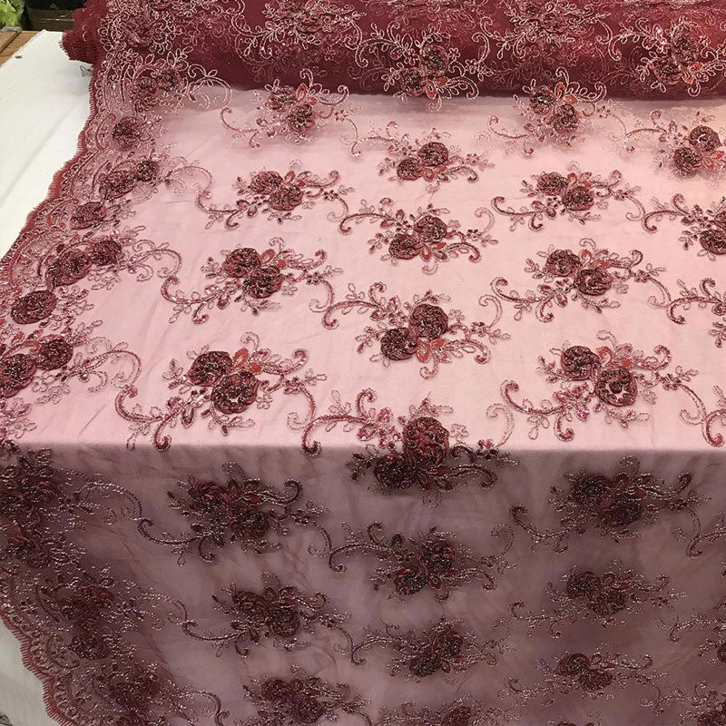 Embroidered Mesh Lace Flower Design With Sequins FabricICEFABRICICE FABRICSBurgundyEmbroidered Mesh Lace Flower Design With Sequins Fabric ICEFABRIC Burgundy