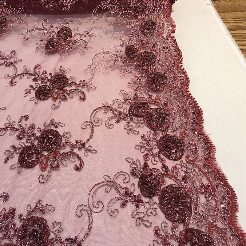 Embroidered Mesh Lace Flower Design With Sequins FabricICEFABRICICE FABRICSBurgundyEmbroidered Mesh Lace Flower Design With Sequins Fabric ICEFABRIC Burgundy