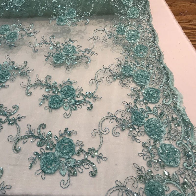 Embroidered Mesh Lace Flower Design With Sequins FabricICEFABRICICE FABRICSMintEmbroidered Mesh Lace Flower Design With Sequins Fabric ICEFABRIC Mint