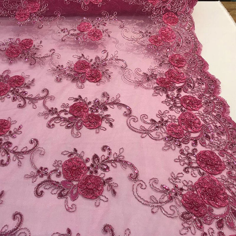 Embroidered Mesh Lace Flower Design With Sequins FabricICEFABRICICE FABRICSFuchsiaEmbroidered Mesh Lace Flower Design With Sequins Fabric ICEFABRIC Fuchsia