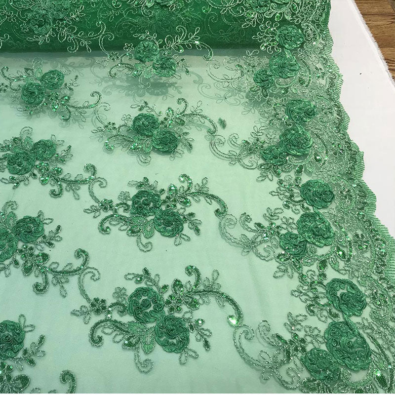 Embroidered Mesh Lace Flower Design With Sequins FabricICEFABRICICE FABRICSGreenEmbroidered Mesh Lace Flower Design With Sequins Fabric ICEFABRIC Green