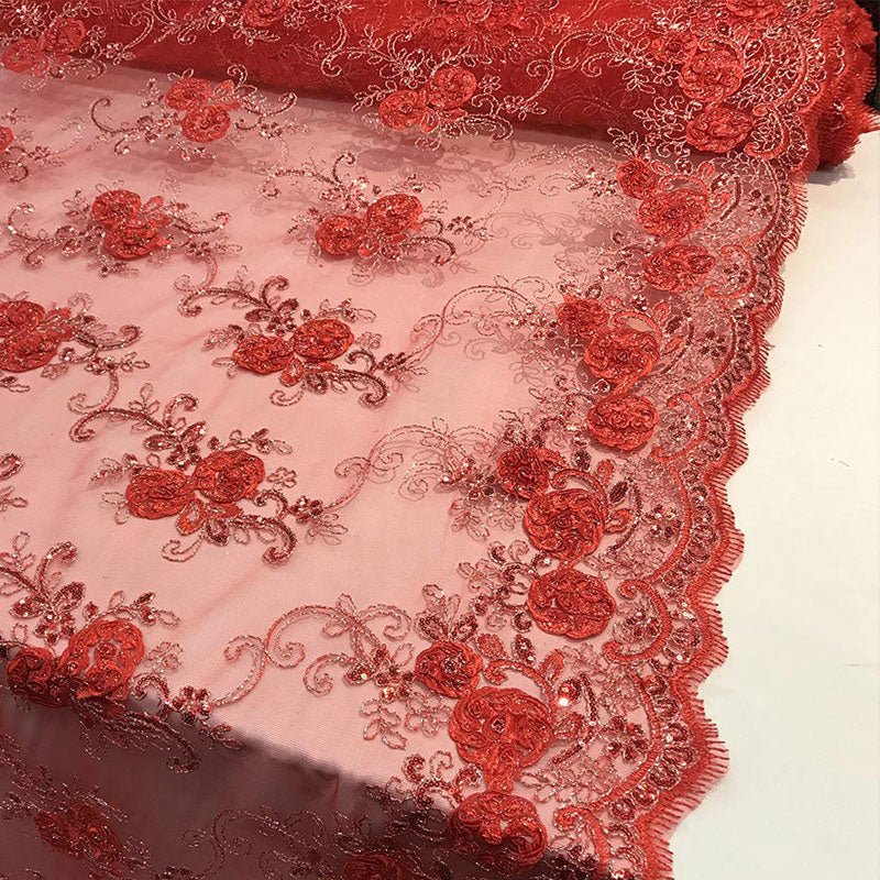 Embroidered Mesh Lace Flower Design With Sequins FabricICEFABRICICE FABRICSRoyal BlueEmbroidered Mesh Lace Flower Design With Sequins Fabric ICEFABRIC Red