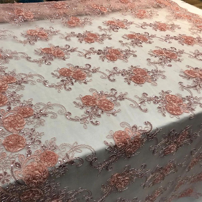 Embroidered Mesh Lace Flower Design With Sequins FabricICEFABRICICE FABRICSPeachEmbroidered Mesh Lace Flower Design With Sequins Fabric ICEFABRIC Peach