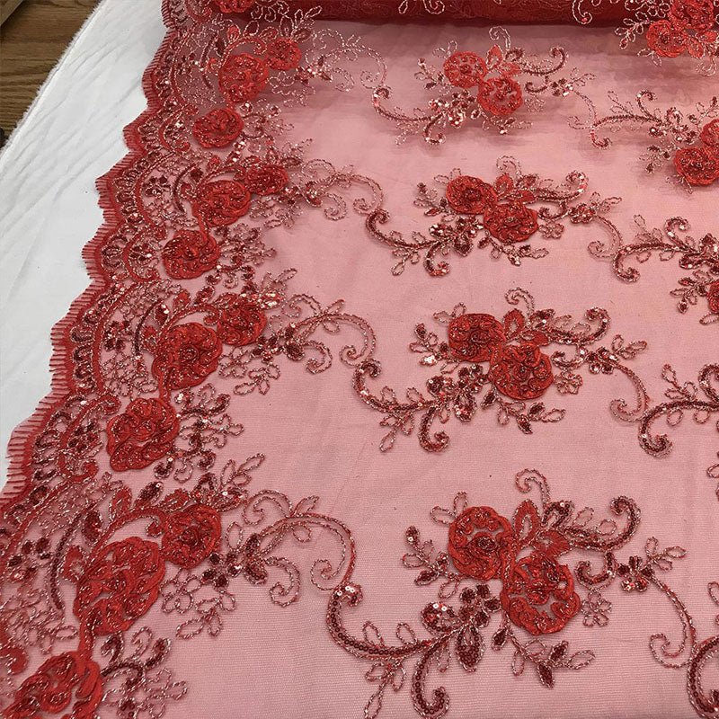 Embroidered Mesh Lace Flower Design With Sequins FabricICEFABRICICE FABRICSRoyal BlueEmbroidered Mesh Lace Flower Design With Sequins Fabric ICEFABRIC Red