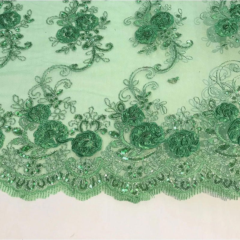 Embroidered Mesh Lace Flower Design With Sequins FabricICEFABRICICE FABRICSGreenEmbroidered Mesh Lace Flower Design With Sequins Fabric ICEFABRIC Green