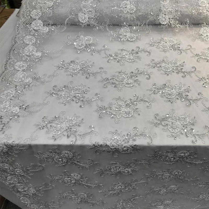 Embroidered Mesh Lace Flower Design With Sequins FabricICEFABRICICE FABRICSWhiteEmbroidered Mesh Lace Flower Design With Sequins Fabric ICEFABRIC White
