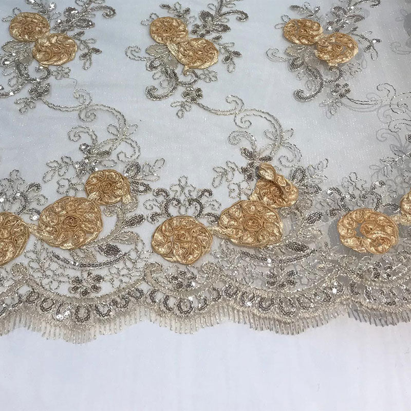Embroidered Mesh Lace Flower Design With Sequins FabricICEFABRICICE FABRICSChampagneEmbroidered Mesh Lace Flower Design With Sequins Fabric ICEFABRIC Gold