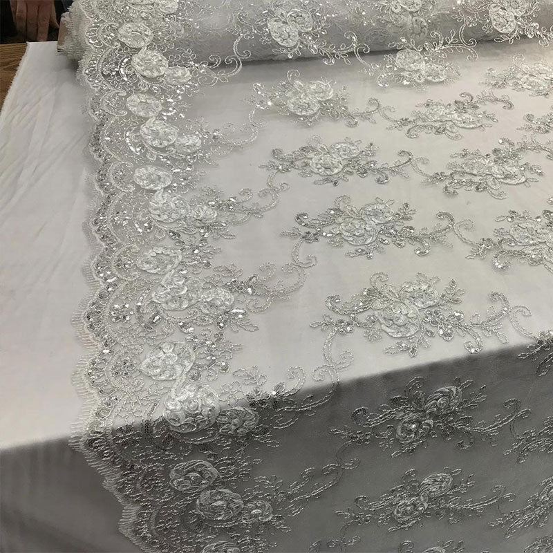 Embroidered Mesh Lace Flower Design With Sequins FabricICEFABRICICE FABRICSWhiteEmbroidered Mesh Lace Flower Design With Sequins Fabric ICEFABRIC White