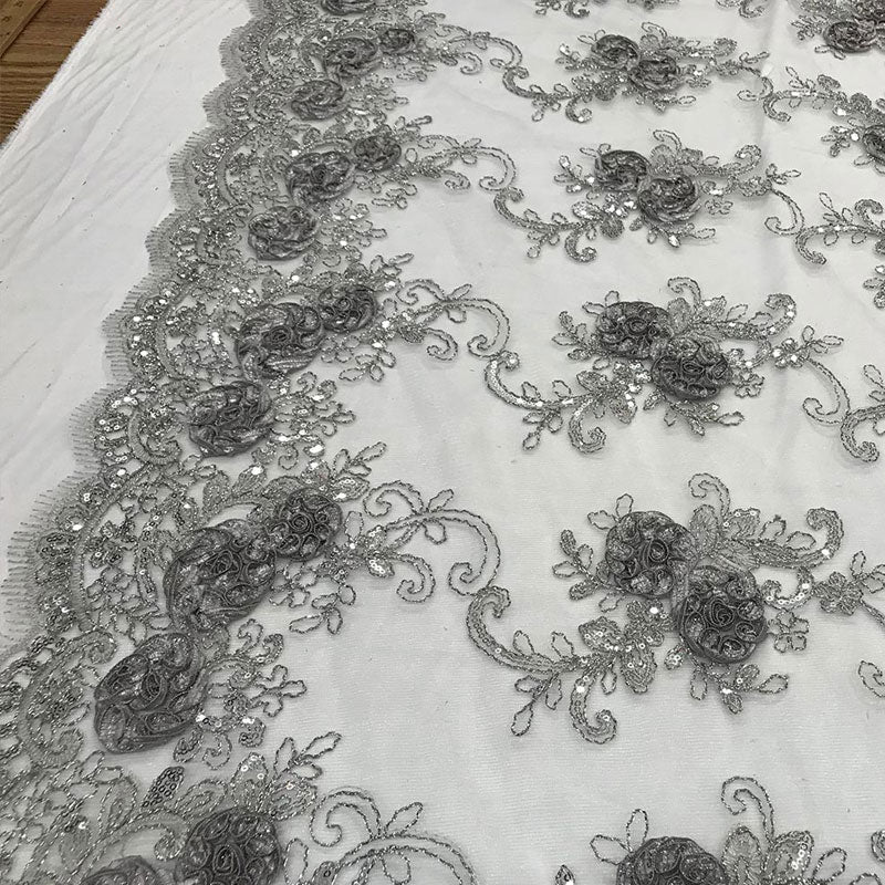 Embroidered Mesh Lace Flower Design With Sequins FabricICEFABRICICE FABRICSSilver/GrayEmbroidered Mesh Lace Flower Design With Sequins Fabric ICEFABRIC Silver/Gray