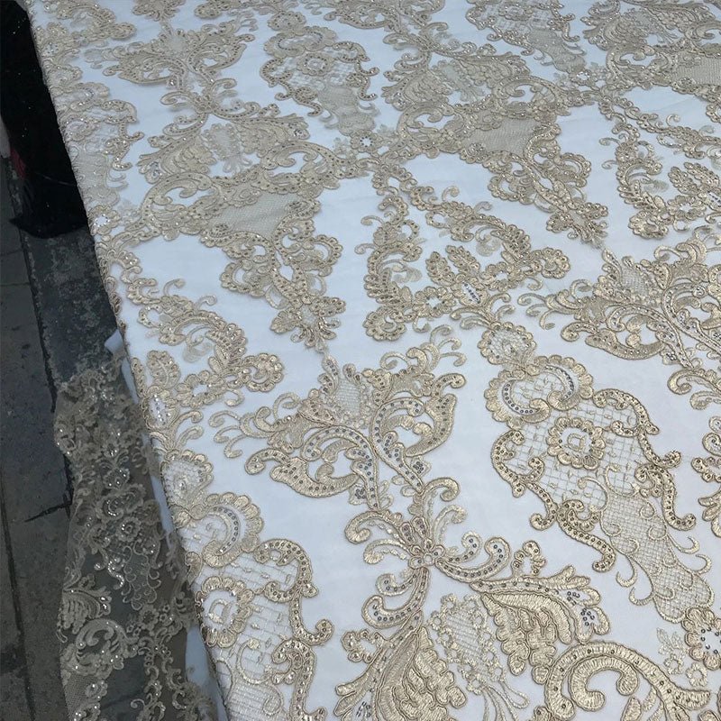 Embroidered Wedding Prom Design Mesh Lace Sequins Dress By The YardICE FABRICSICE FABRICSLight GoldEmbroidered Wedding Prom Design Mesh Lace Sequins Dress By The Yard ICE FABRICS Light Gold