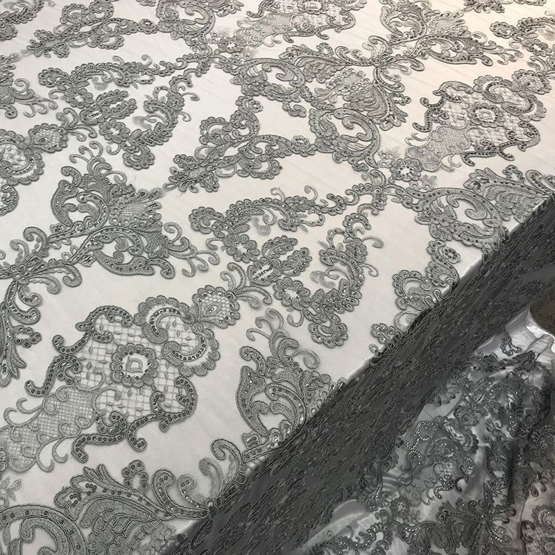 Embroidered Wedding Prom Design Mesh Lace Sequins Dress By The YardICE FABRICSICE FABRICSSilverEmbroidered Wedding Prom Design Mesh Lace Sequins Dress By The Yard ICE FABRICS Silver