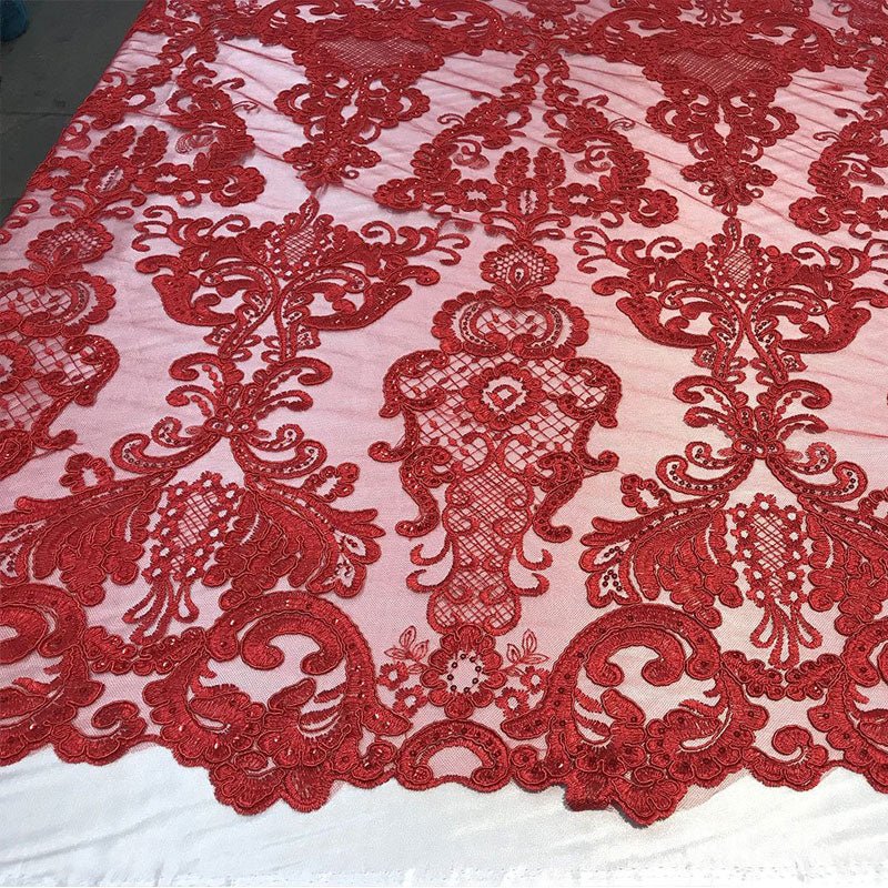 Embroidered Wedding Prom Design Mesh Lace Sequins Dress By The YardICE FABRICSICE FABRICSRedEmbroidered Wedding Prom Design Mesh Lace Sequins Dress By The Yard ICE FABRICS Red
