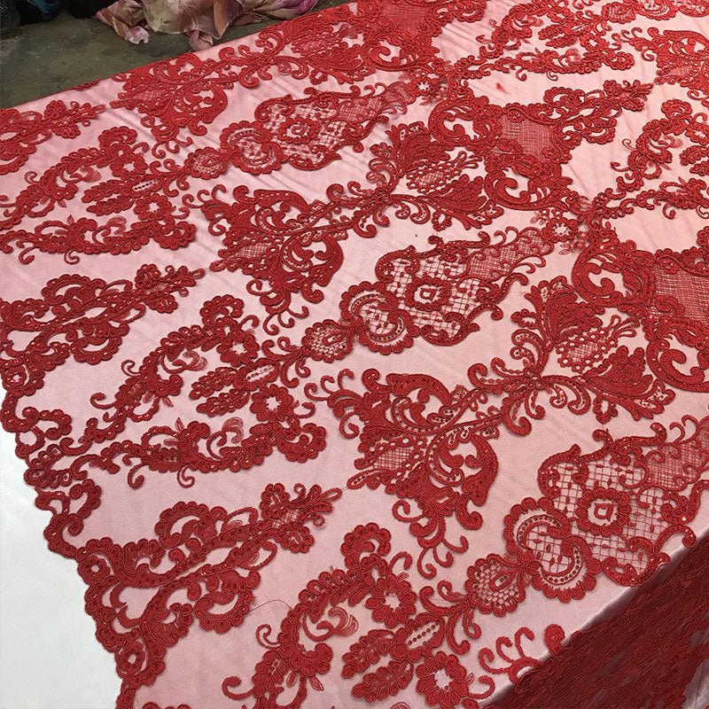 Embroidered Wedding Prom Design Mesh Lace Sequins Dress By The YardICE FABRICSICE FABRICSRedEmbroidered Wedding Prom Design Mesh Lace Sequins Dress By The Yard ICE FABRICS Red