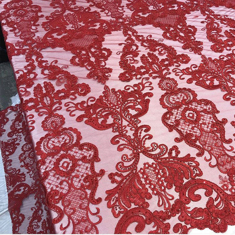 Embroidered Wedding Prom Design Mesh Lace Sequins Dress By The YardICE FABRICSICE FABRICSRedEmbroidered Wedding Prom Design Mesh Lace Sequins Dress By The Yard ICE FABRICS Red