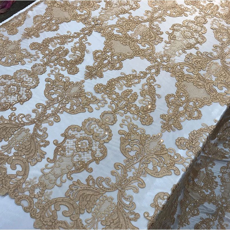 Embroidered Wedding Prom Design Mesh Lace Sequins Dress By The YardICE FABRICSICE FABRICSGoldEmbroidered Wedding Prom Design Mesh Lace Sequins Dress By The Yard ICE FABRICS Gold