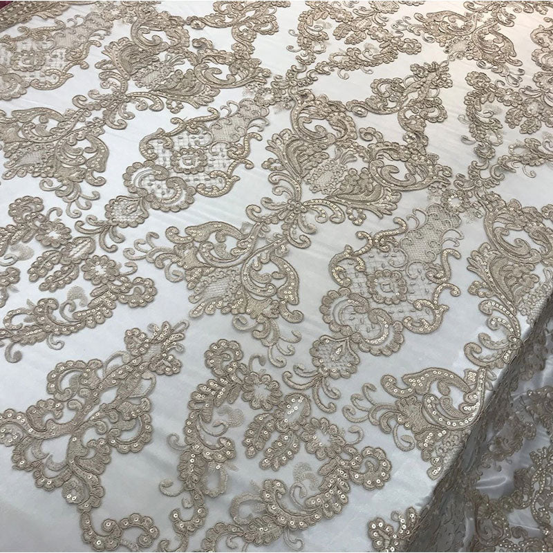 Embroidered Wedding Prom Design Mesh Lace Sequins Dress By The YardICE FABRICSICE FABRICSChampagneEmbroidered Wedding Prom Design Mesh Lace Sequins Dress By The Yard ICE FABRICS Champagne