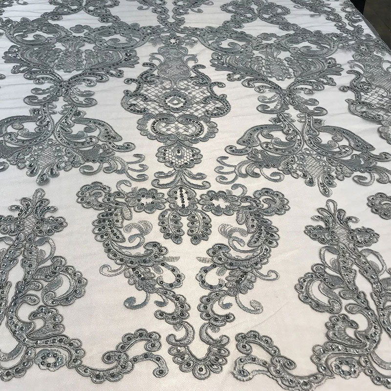 Embroidered Wedding Prom Design Mesh Lace Sequins Dress By The YardICE FABRICSICE FABRICSSilverEmbroidered Wedding Prom Design Mesh Lace Sequins Dress By The Yard ICE FABRICS Silver