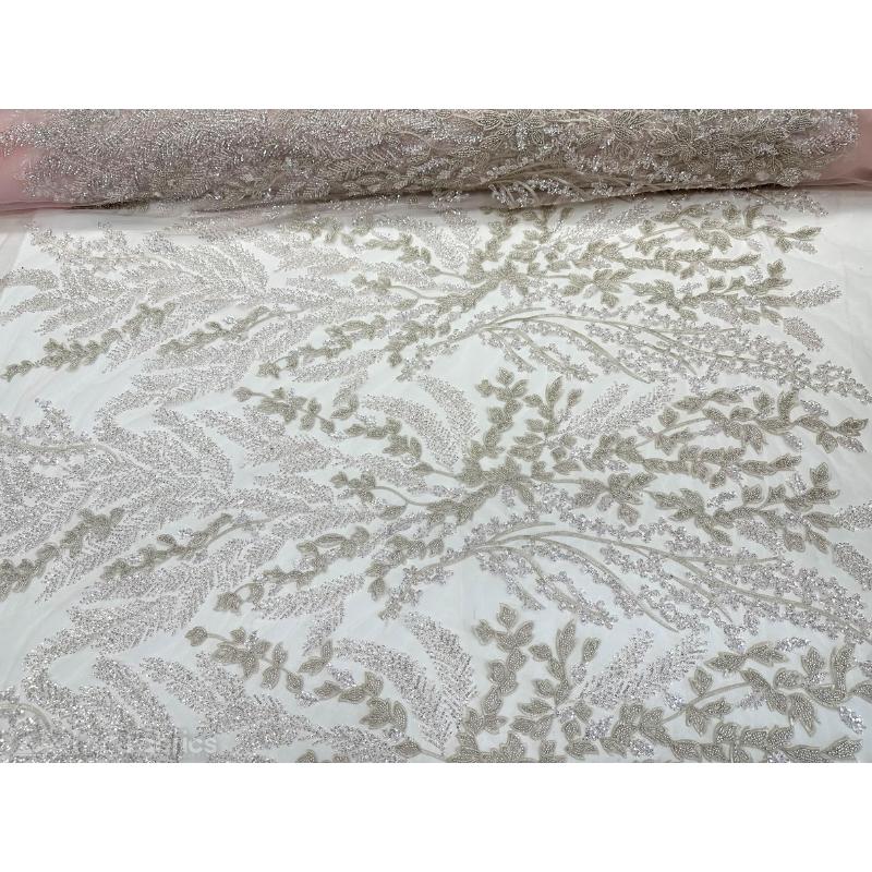 Embroidery Lace Fabric Hand Beaded Fabric with Sequin MeshICE FABRICSICE FABRICSPink IvoryBy The Yard (54" Wide)Embroidery Lace Fabric Hand Beaded Fabric with Sequin Mesh ICE FABRICS Pink Ivory