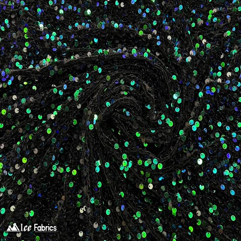 Emerald Green on Black Emma Embroidery Sequin Velvet Fabric By The YardICE FABRICSICE FABRICSEmerald Green on BlackBy The Yard (58" Wide)Emerald Green on Black Emma Embroidery Sequin Velvet Fabric By The Yard ICE FABRICS