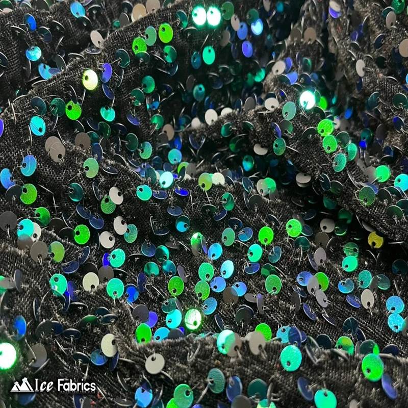 Emma Embroidered Sequin Emerald Green on Black Velvet FabricICE FABRICSICE FABRICSEmerald Green on BlackBy The Yard (58" Wide)Emma Embroidered Sequin Emerald Green on Black Velvet Fabric ICE FABRICS