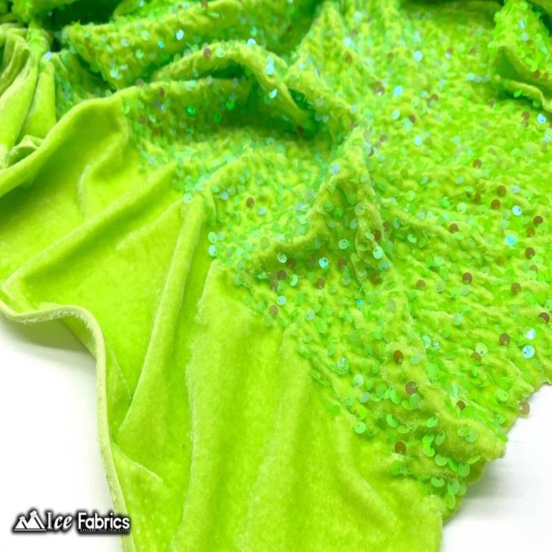 Emma Embroidered Sequin Neon Lime Green Velvet FabricICE FABRICSICE FABRICSNeon Lime GreenBy The Yard (58" Wide)Emma Embroidered Sequin Neon Lime Green Velvet Fabric ICE FABRICS