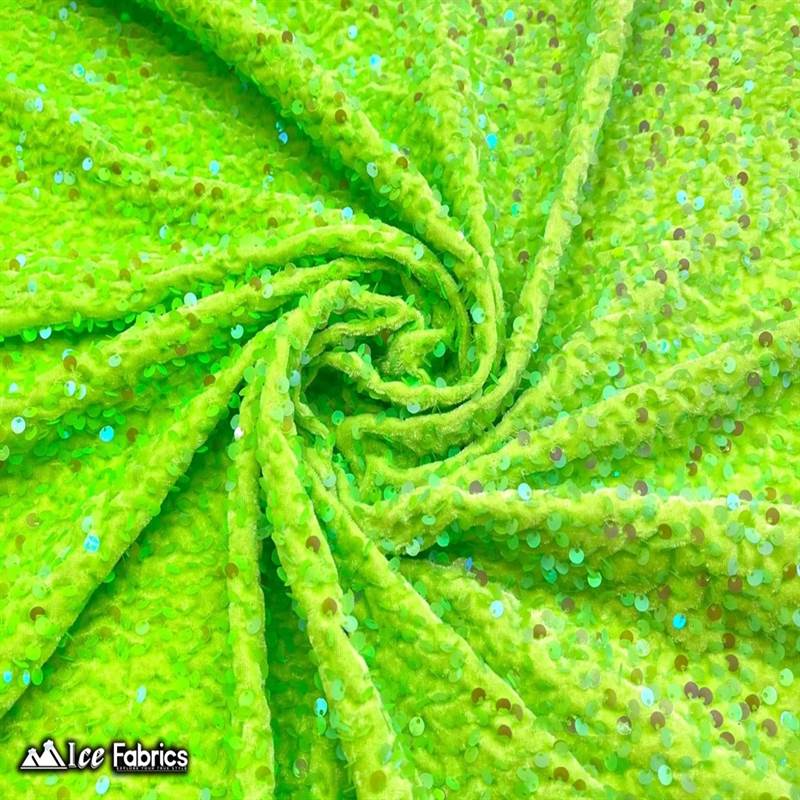 Emma Embroidered Sequin Neon Lime Green Velvet FabricICE FABRICSICE FABRICSNeon Lime GreenBy The Yard (58" Wide)Emma Embroidered Sequin Neon Lime Green Velvet Fabric ICE FABRICS