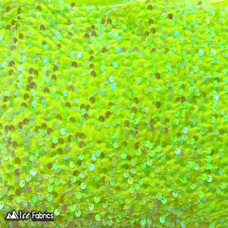 Emma Embroidered Sequin Neon Lime Green Velvet FabricICE FABRICSICE FABRICSNeon Lime GreenBy The Yard (58" Wide)Emma Embroidered Sequin Neon Lime Green Velvet Fabric ICE FABRICS