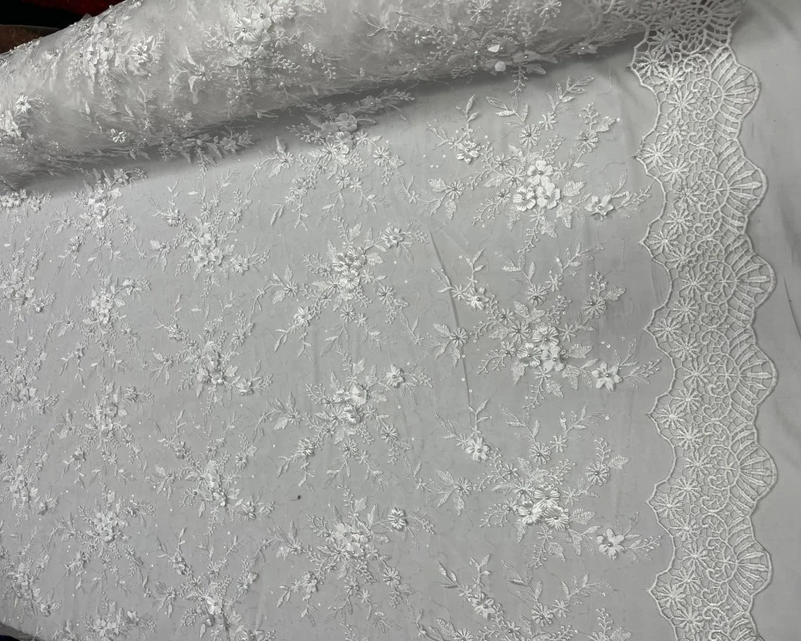 Fashion 3D Flowers Floral Beaded White Lace FabricICE FABRICSICE FABRICSBy The Yard (50" Wide)WhiteFashion 3D Flowers Floral Beaded White Lace Fabric ICE FABRICS