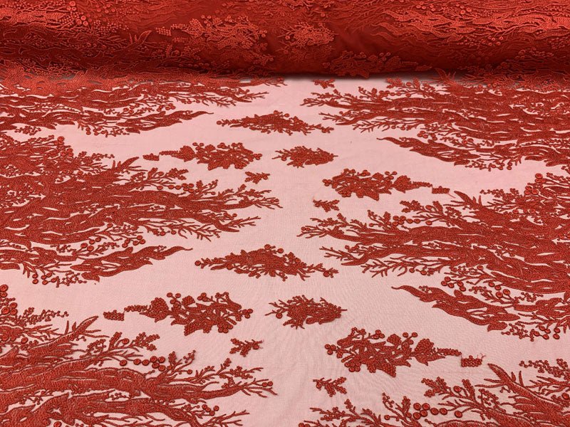 Fashion Dress Fire Design Floral Hand Beaded Mesh Lace Fabric By The YardICEFABRICICE FABRICSRedFashion Dress Fire Design Floral Hand Beaded Mesh Lace Fabric By The Yard ICEFABRIC Red