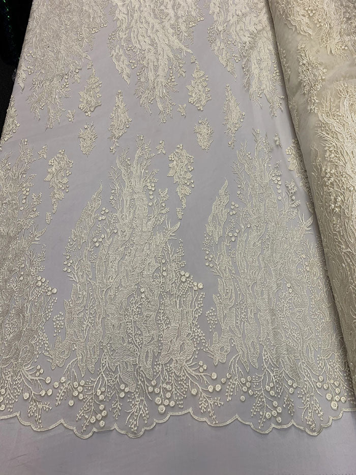 Fashion Dress Fire Design Floral Hand Beaded Mesh Lace Fabric By The YardICEFABRICICE FABRICSBlackFashion Dress Fire Design Floral Hand Beaded Mesh Lace Fabric By The Yard ICEFABRIC Ivory