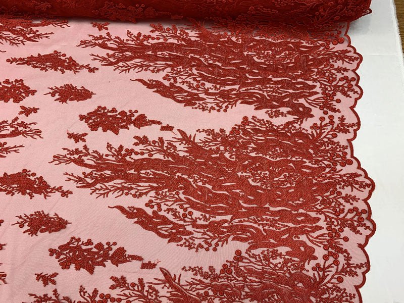 Fashion Dress Fire Design Floral Hand Beaded Mesh Lace Fabric By The YardICEFABRICICE FABRICSRedFashion Dress Fire Design Floral Hand Beaded Mesh Lace Fabric By The Yard ICEFABRIC Red