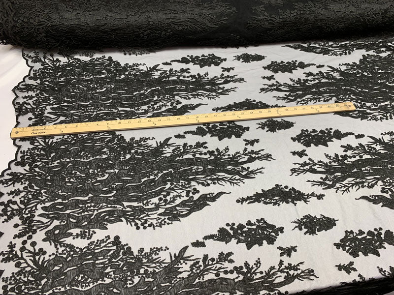Fashion Dress Fire Design Floral Hand Beaded Mesh Lace Fabric By The YardICEFABRICICE FABRICSBlackFashion Dress Fire Design Floral Hand Beaded Mesh Lace Fabric By The Yard ICEFABRIC Black