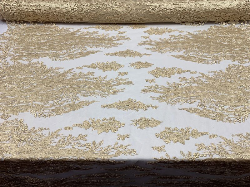 Fashion Dress Fire Design Floral Hand Beaded Mesh Lace Fabric By The YardICEFABRICICE FABRICSGoldFashion Dress Fire Design Floral Hand Beaded Mesh Lace Fabric By The Yard ICEFABRIC Gold