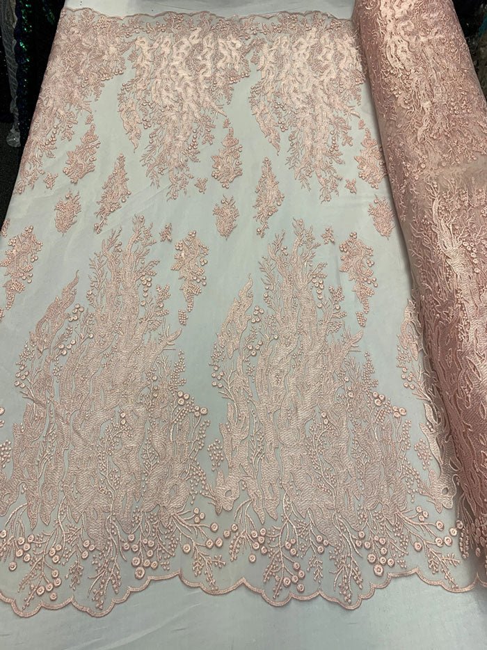 Fashion Dress Fire Design Floral Hand Beaded Mesh Lace Fabric By The YardICEFABRICICE FABRICSPinkFashion Dress Fire Design Floral Hand Beaded Mesh Lace Fabric By The Yard ICEFABRIC Pink