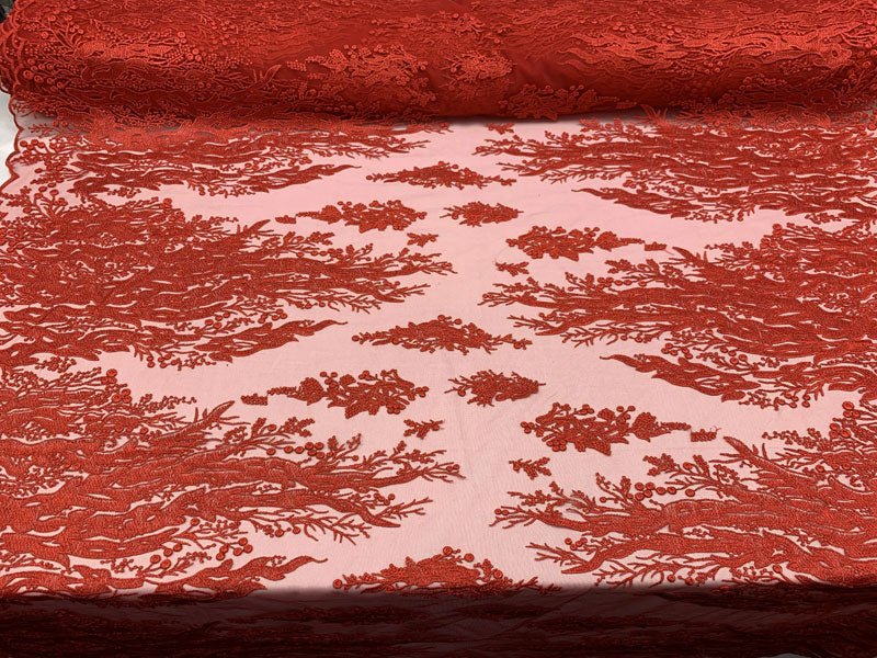 Fashion Dress Fire Design Floral Hand Beaded Mesh Lace Fabric By The YardICEFABRICICE FABRICSRedFashion Dress Fire Design Floral Hand Beaded Mesh Lace Fabric By The Yard ICEFABRIC Red