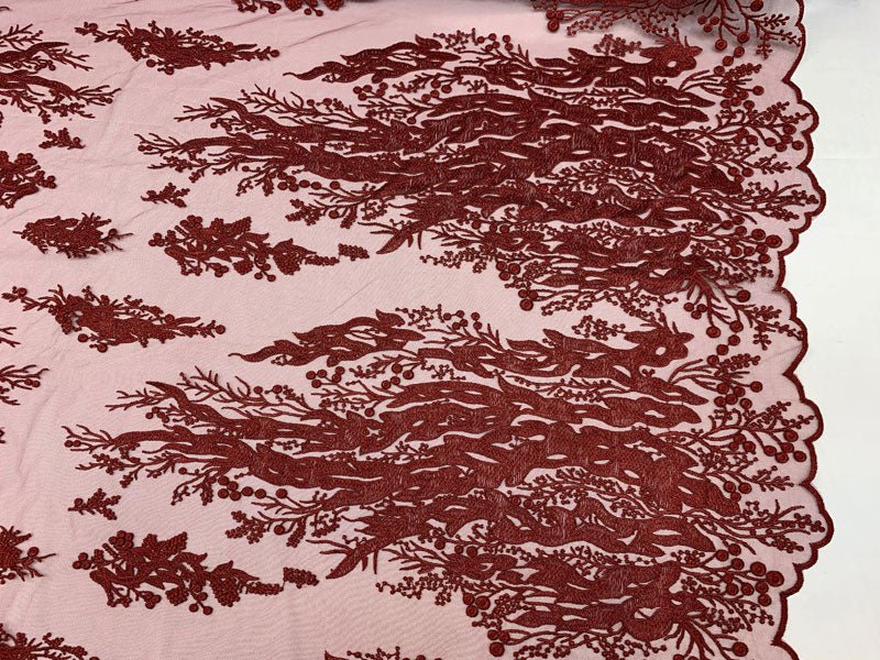 Fashion Dress Fire Design Floral Hand Beaded Mesh Lace Fabric By The YardICEFABRICICE FABRICSBurgundyFashion Dress Fire Design Floral Hand Beaded Mesh Lace Fabric By The Yard ICEFABRIC Burgundy