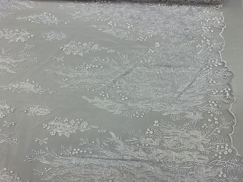 Fashion Dress Fire Design Floral Hand Beaded Mesh Lace Fabric By The YardICEFABRICICE FABRICSWhiteFashion Dress Fire Design Floral Hand Beaded Mesh Lace Fabric By The Yard ICEFABRIC White