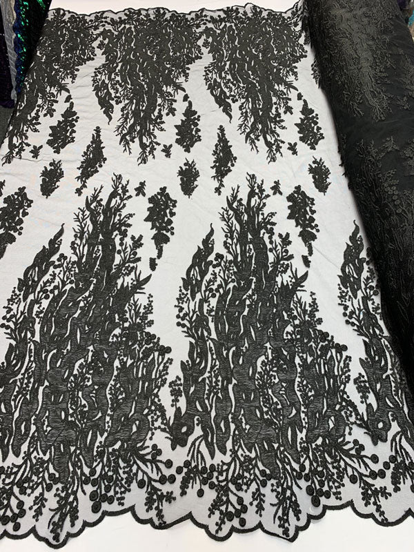 Fashion Dress Fire Design Floral Hand Beaded Mesh Lace Fabric By The YardICEFABRICICE FABRICSBlackFashion Dress Fire Design Floral Hand Beaded Mesh Lace Fabric By The Yard ICEFABRIC Black