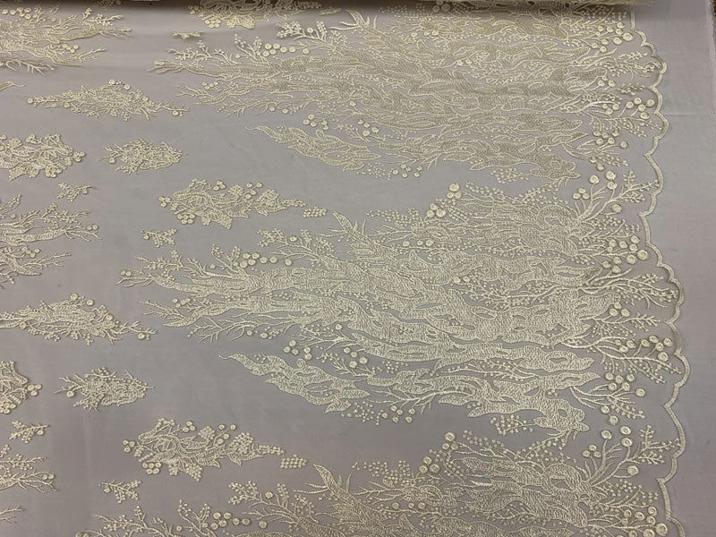 Fashion Dress Fire Design Floral Hand Beaded Mesh Lace Fabric By The YardICEFABRICICE FABRICSIvoryFashion Dress Fire Design Floral Hand Beaded Mesh Lace Fabric By The Yard ICEFABRIC Ivory