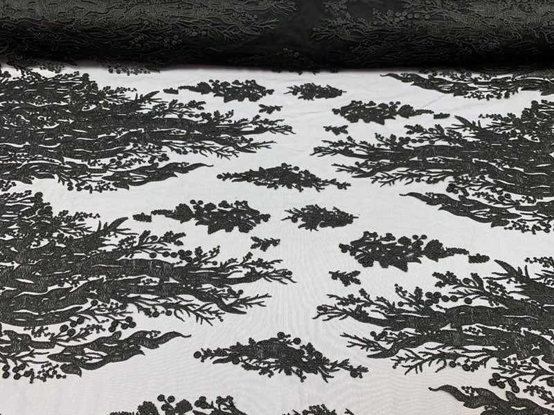 Fashion Dress Fire Design Floral Hand Beaded Mesh Lace Fabric By The YardICEFABRICICE FABRICSBlackFashion Dress Fire Design Floral Hand Beaded Mesh Lace Fabric By The Yard ICEFABRIC Black