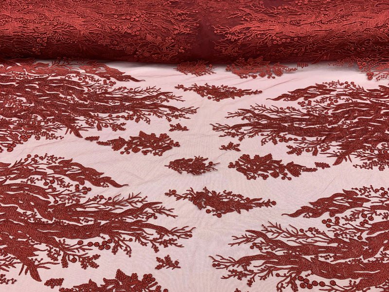 Fashion Dress Fire Design Floral Hand Beaded Mesh Lace Fabric By The YardICEFABRICICE FABRICSBurgundyFashion Dress Fire Design Floral Hand Beaded Mesh Lace Fabric By The Yard ICEFABRIC Burgundy