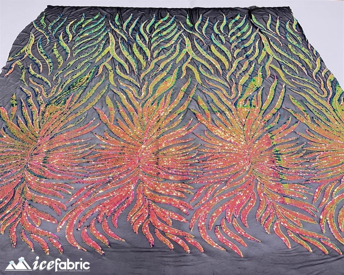 Feather Design Embroidery Stretch Sequin Fabric | 4 Way StretchICE FABRICSICE FABRICSPink Green OrangeFeather Design Embroidery Stretch Sequin Fabric | 4 Way Stretch ICE FABRICS Pink Green Orange