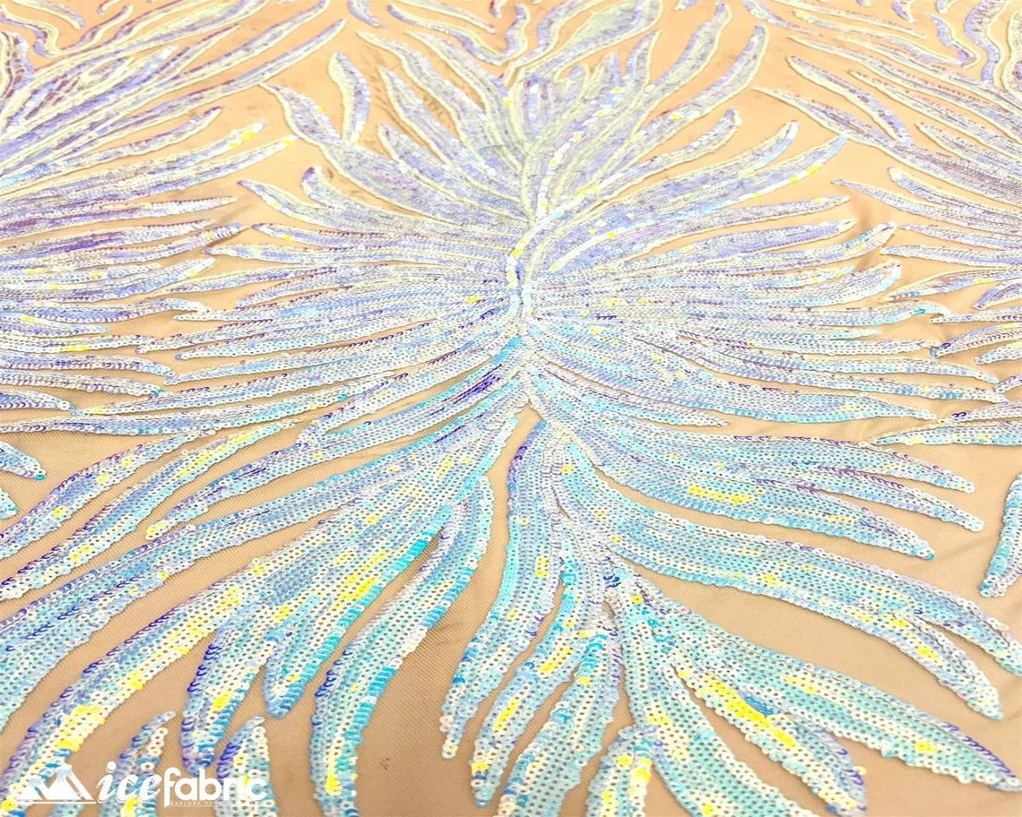 Feather Design Embroidery Stretch Sequin Fabric | 4 Way StretchICE FABRICSICE FABRICSBaby BlueFeather Design Embroidery Stretch Sequin Fabric | 4 Way Stretch ICE FABRICS Baby Blue