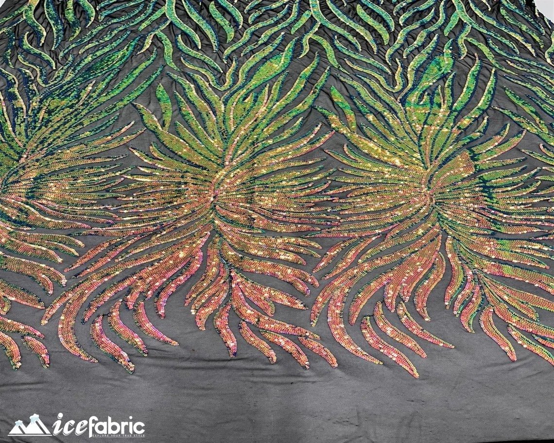 Feather Design Embroidery Stretch Sequin Fabric | 4 Way StretchICE FABRICSICE FABRICSPink Green OrangeFeather Design Embroidery Stretch Sequin Fabric | 4 Way Stretch ICE FABRICS Pink Green Orange