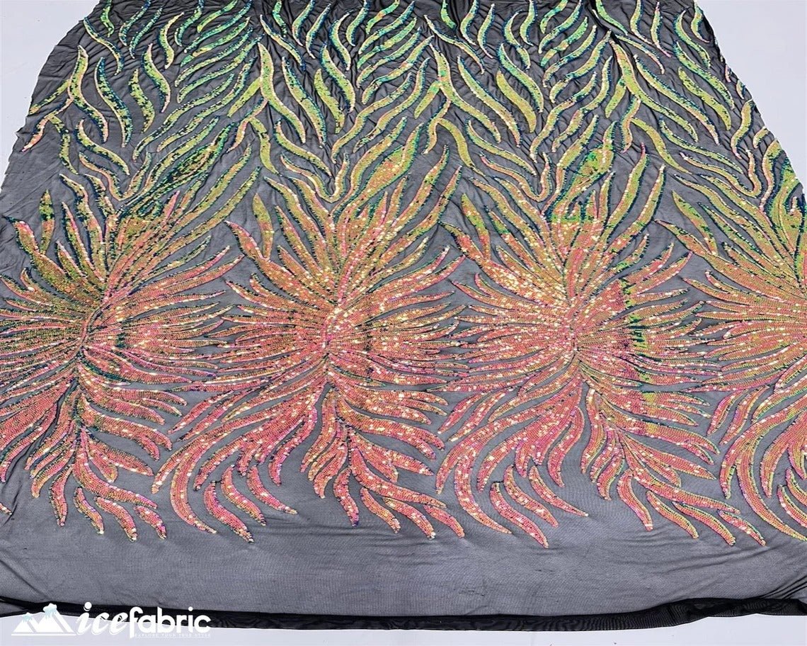 Feather Design Embroidery Stretch Sequin Fabric | 4 Way StretchICE FABRICSICE FABRICSPink Green OrangeFeather Design Embroidery Stretch Sequin Fabric | 4 Way Stretch ICE FABRICS Pink Green Orange