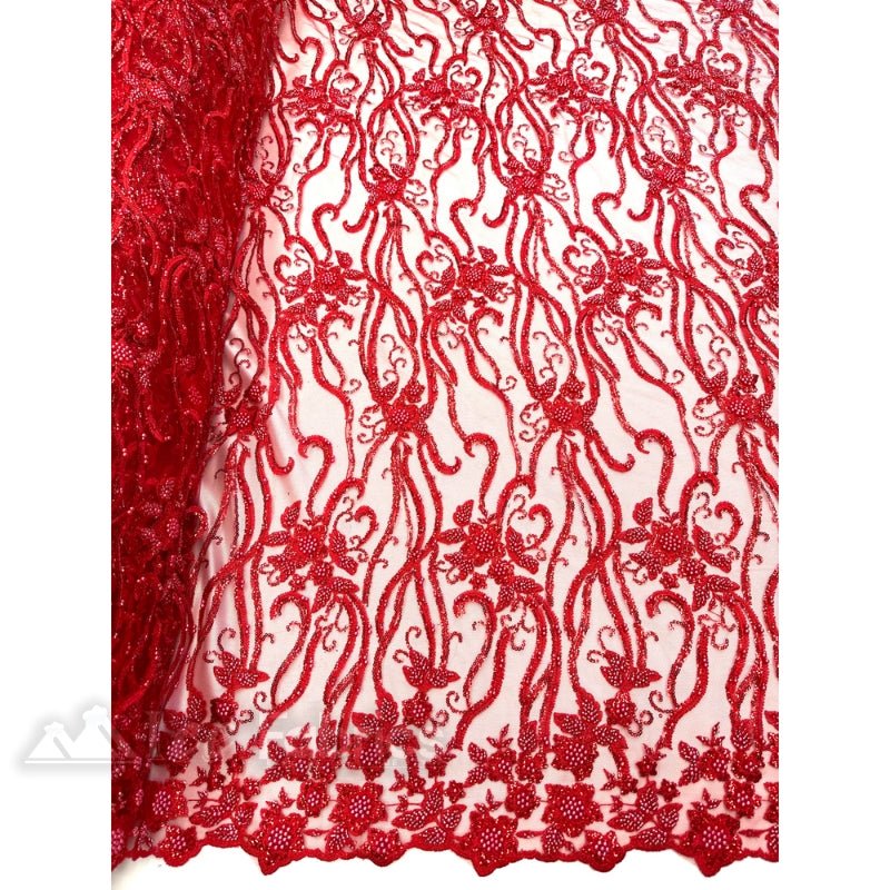 Floral Beaded Lace Fabric By The Yard Embroidered FabricICE FABRICSICE FABRICSRedBy The Yard (49" Wide)Floral Beaded Lace Fabric By The Yard Embroidered Fabric ICE FABRICS Red