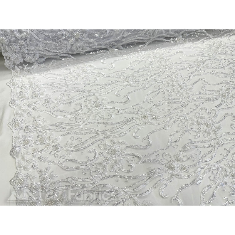 Floral Beaded Lace Fabric By The Yard Embroidered FabricICE FABRICSICE FABRICSWhiteBy The Yard (49" Wide)Floral Beaded Lace Fabric By The Yard Embroidered Fabric ICE FABRICS White